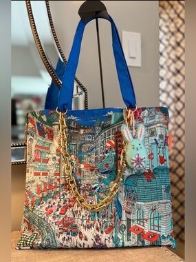 NEW Vibrant Art Printed Canvas Tote Shopping Bag w Handles and Embellishments